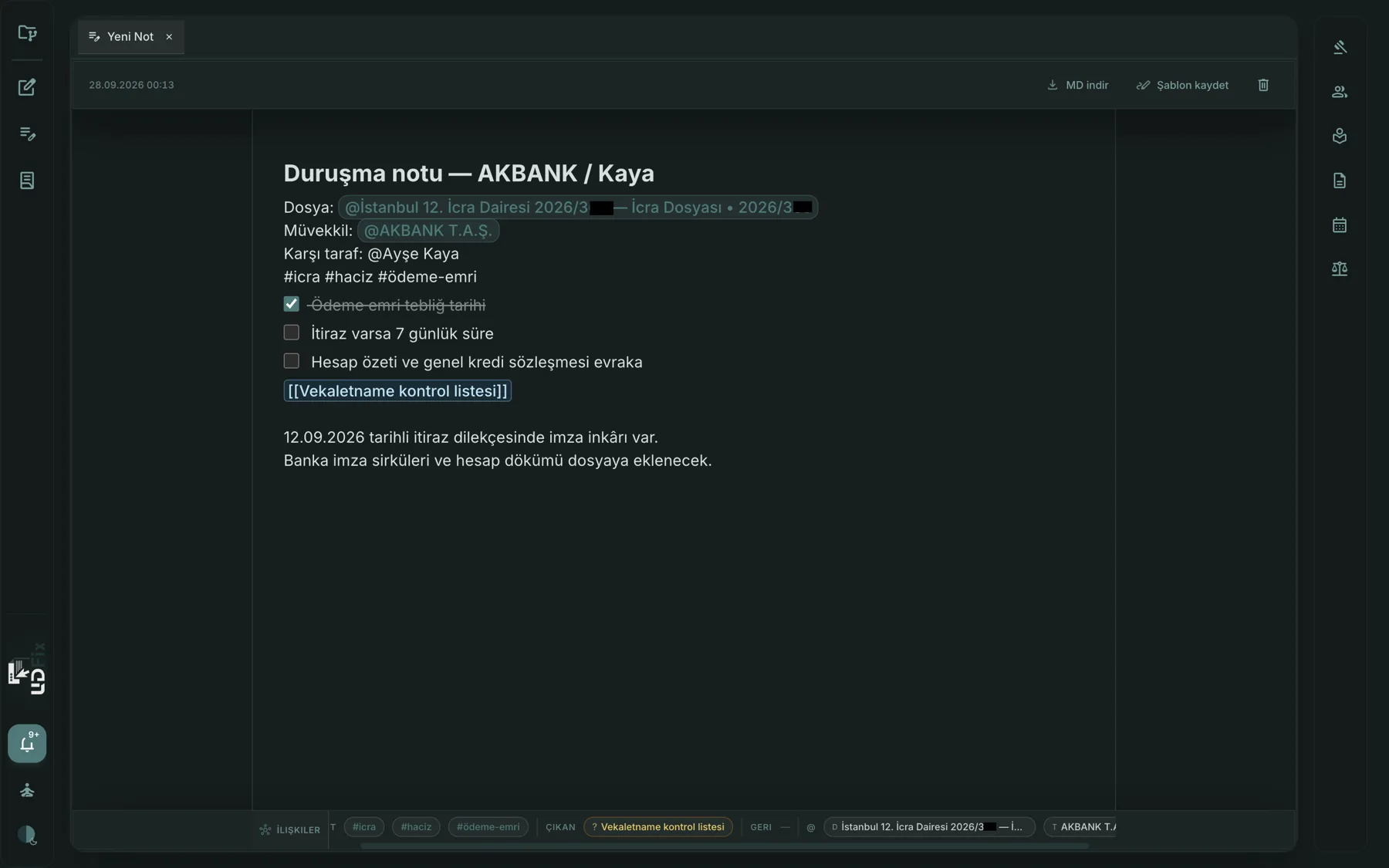 Dava notu: @müvekkil, [[wiki]], #etiket. Markdown dışa aktarım.