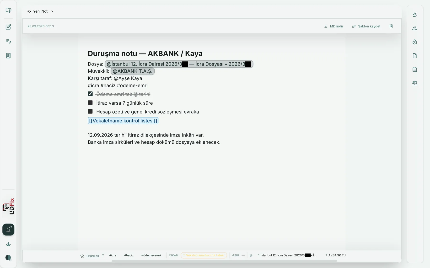 Dava notu: @müvekkil, [[wiki]], #etiket. Markdown dışa aktarım.